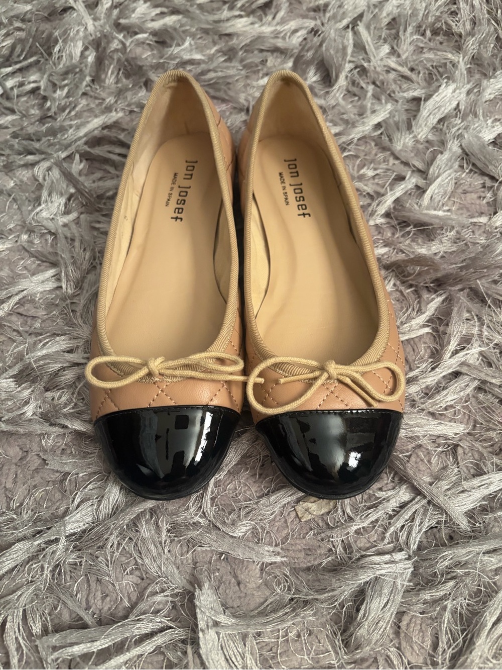 Jon Josef Beige Quilted Ballet Flats with Black Cap Toe